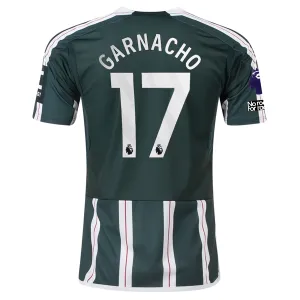 adidas Manchester United Alejandro Garnacho Away Jersey w/ EPL   No Room For Racism Patches 23/24 (Green Night/Core White)