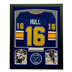 Brett Hull Signed St. Louis Blue Custom Suede Matte Framed Hockey Jersey