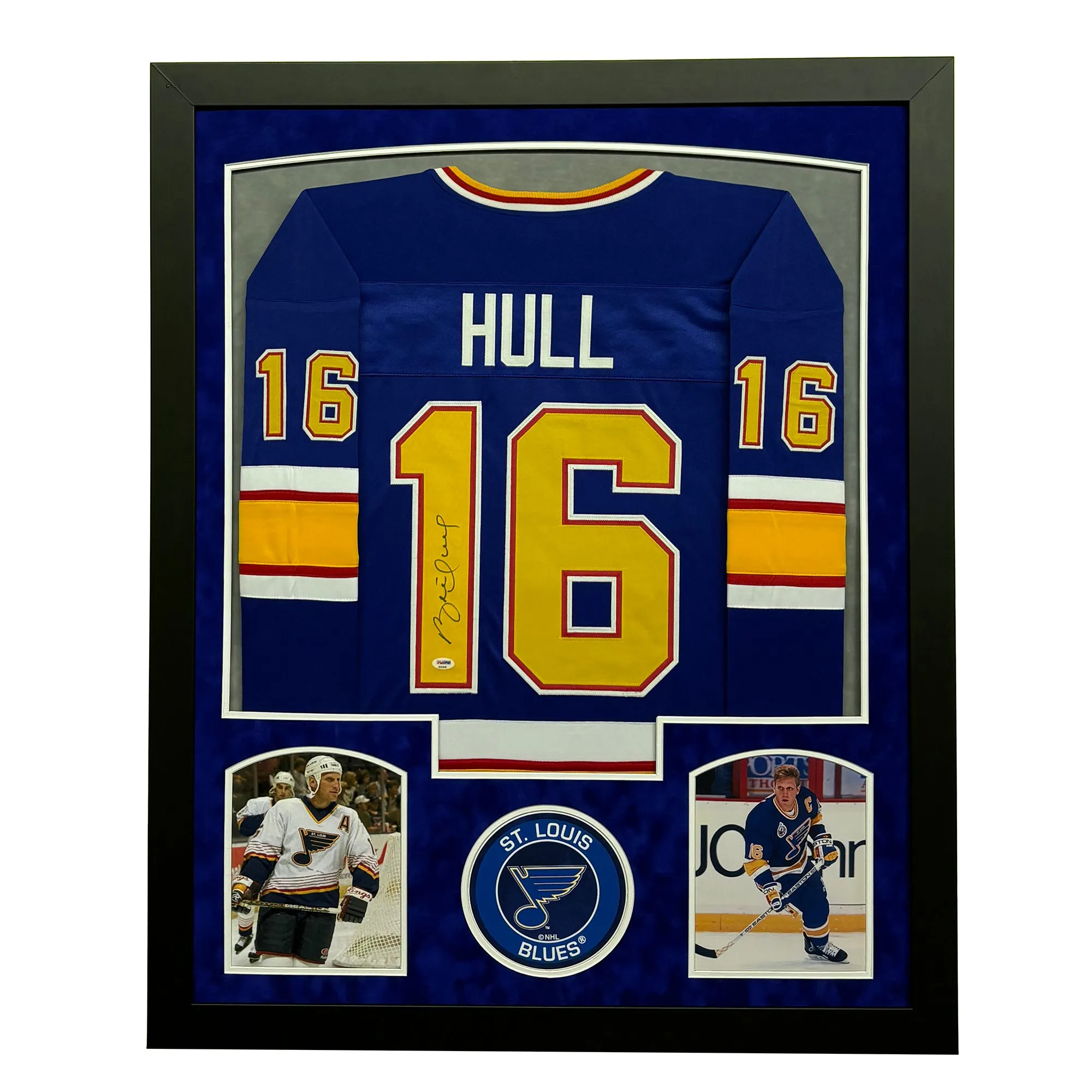 Brett Hull Signed St. Louis Blue Custom Suede Matte Framed Hockey Jersey