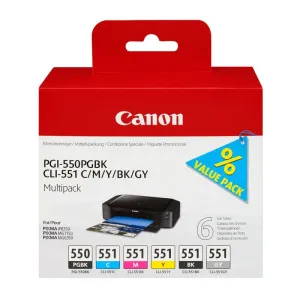 Canon Pgi-550/Cli-551 Pgbk/C/M/Y/Bk/Gy Multi Pack - 6-Pack - Gray, Black, Yellow, Cyan, Magenta - Original - Ink Tank