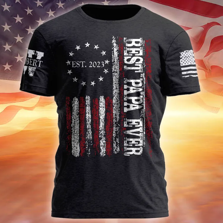 Customized Nickname Best Grandpa Ever EST Grunge Style American Flag Men's T-Shirt