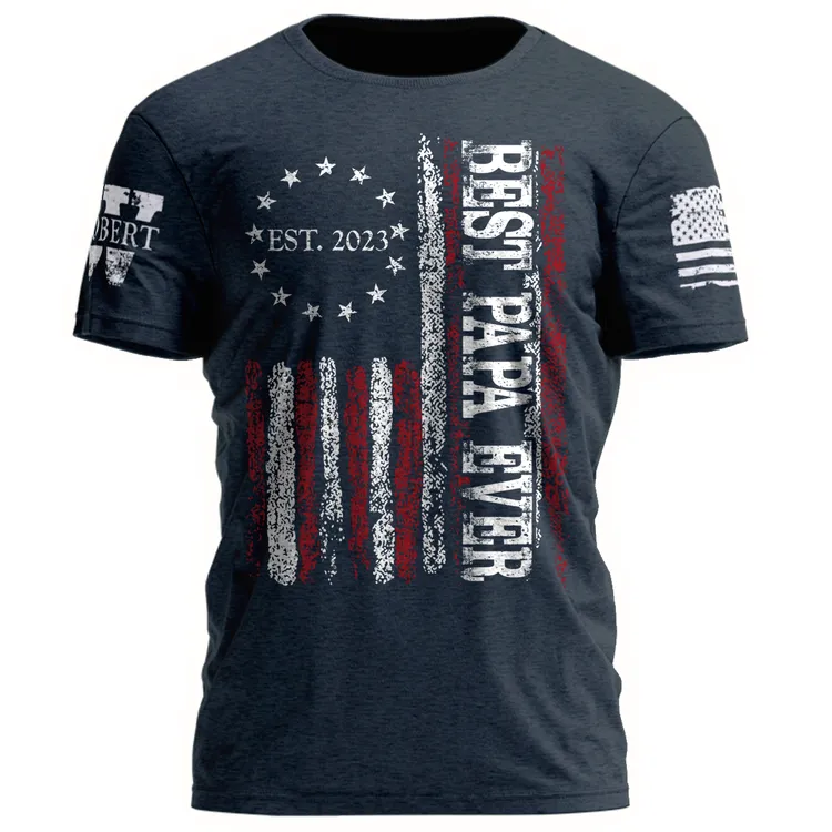 Customized Nickname Best Grandpa Ever EST Grunge Style American Flag Men's T-Shirt