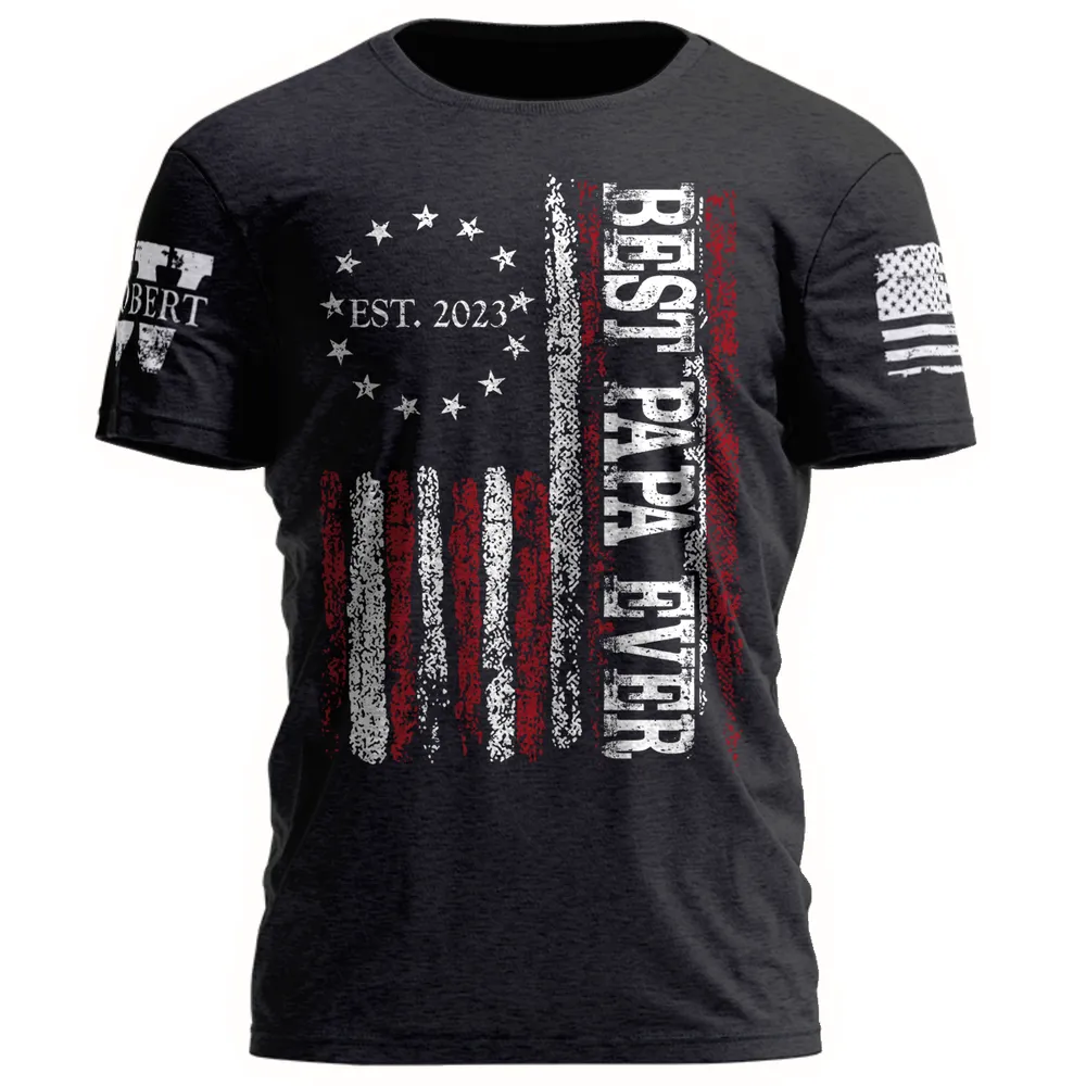 Customized Nickname Best Grandpa Ever EST Grunge Style American Flag Men's T-Shirt