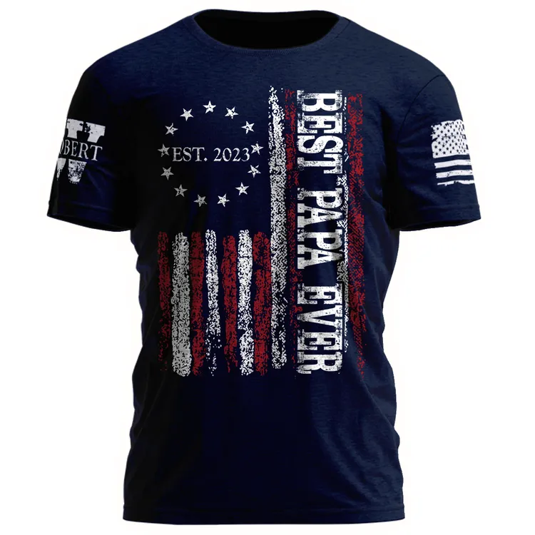 Customized Nickname Best Grandpa Ever EST Grunge Style American Flag Men's T-Shirt