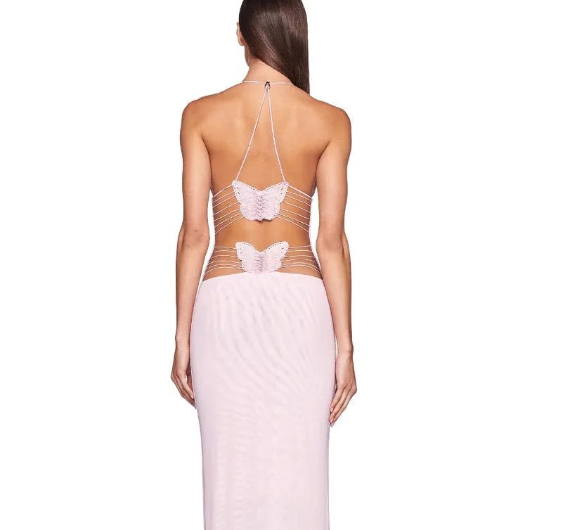 ECD Floral Print Halter Spaghetti Straps Dress Slim Butterfly Back Dressess