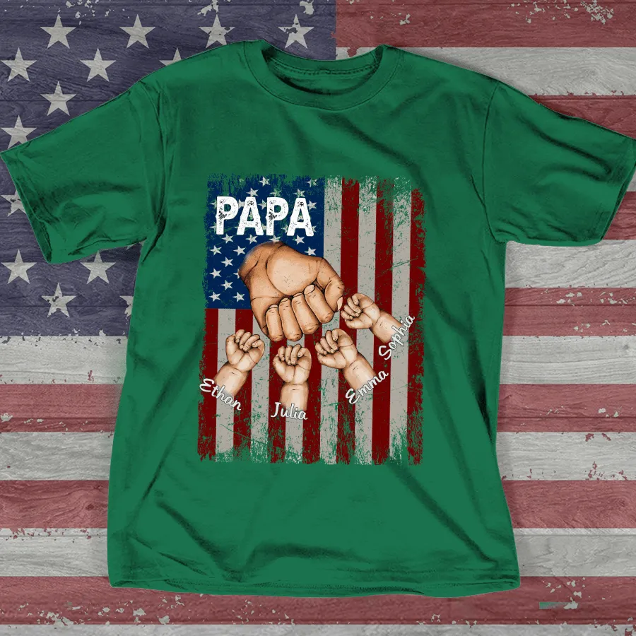 Father's Day T Shirt, Personalized Papa Grandkids Hands Flag T Shirt For 4th Of July Grandpa