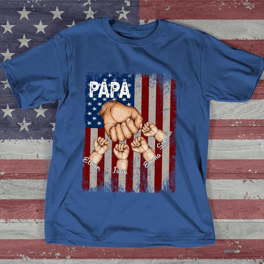Father's Day T Shirt, Personalized Papa Grandkids Hands Flag T Shirt For 4th Of July Grandpa