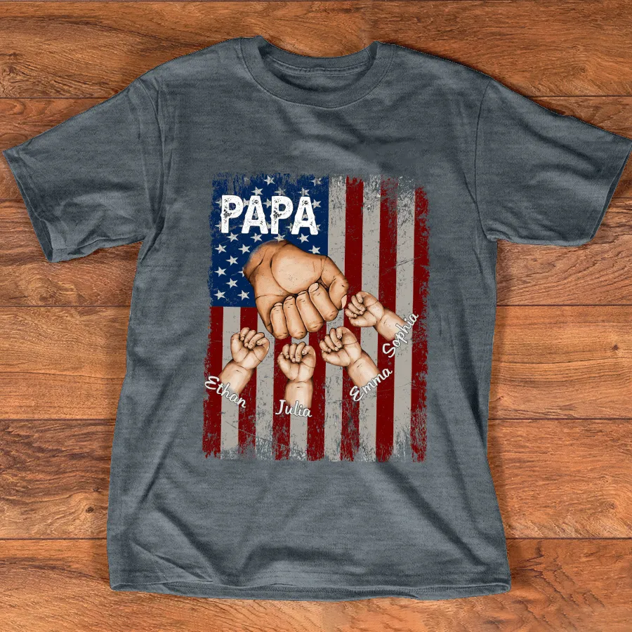 Father's Day T Shirt, Personalized Papa Grandkids Hands Flag T Shirt For 4th Of July Grandpa