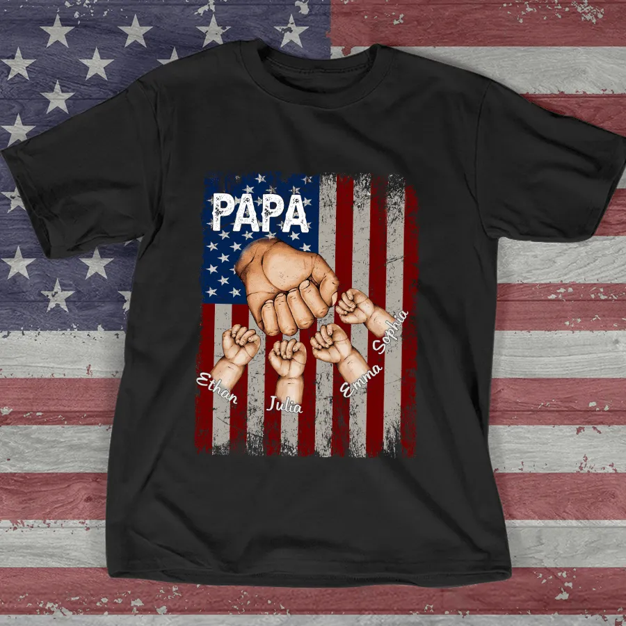 Father's Day T Shirt, Personalized Papa Grandkids Hands Flag T Shirt For 4th Of July Grandpa
