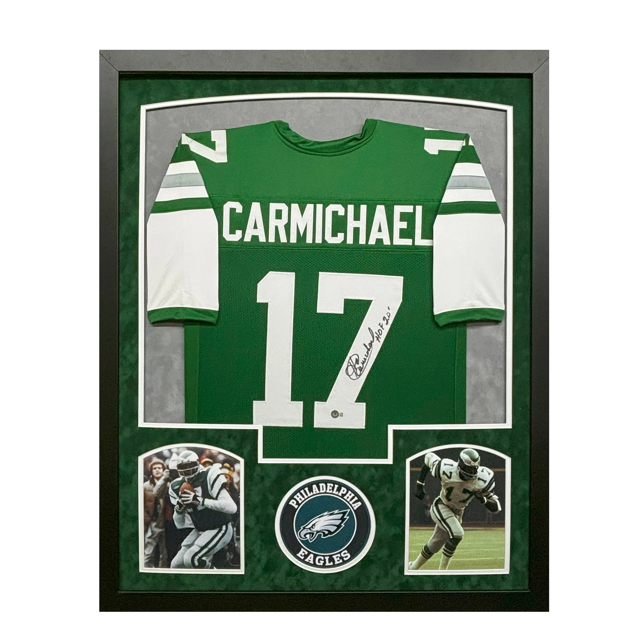 Harold Carmichael Signed HOF 20 Philadelphia Green Custom Suede Matte Framed Football Jersey (Beckett)