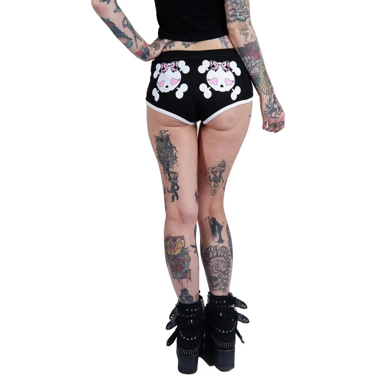 Heart Eyed Girly Skull Black Short Shorts