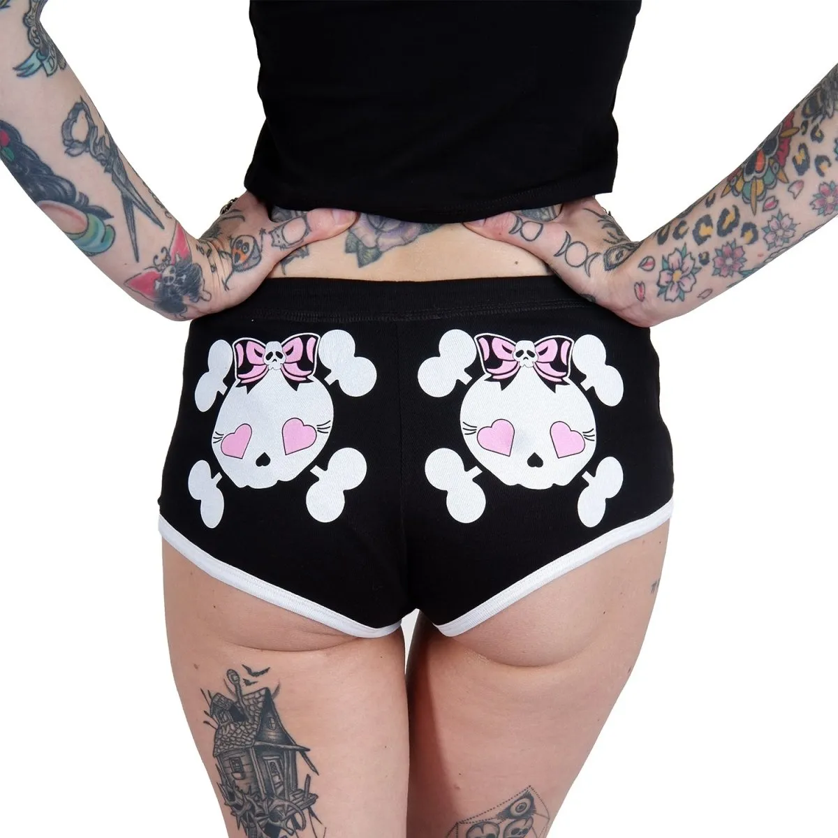 Heart Eyed Girly Skull Black Short Shorts