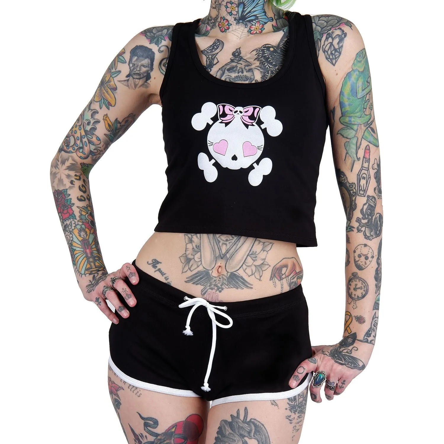 Heart Eyed Girly Skull Black Short Shorts
