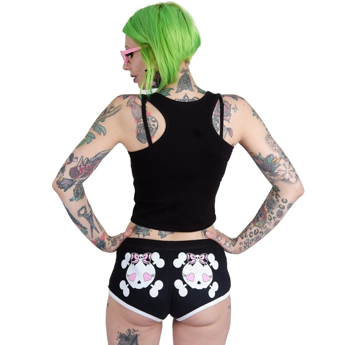Heart Eyed Girly Skull Black Short Shorts