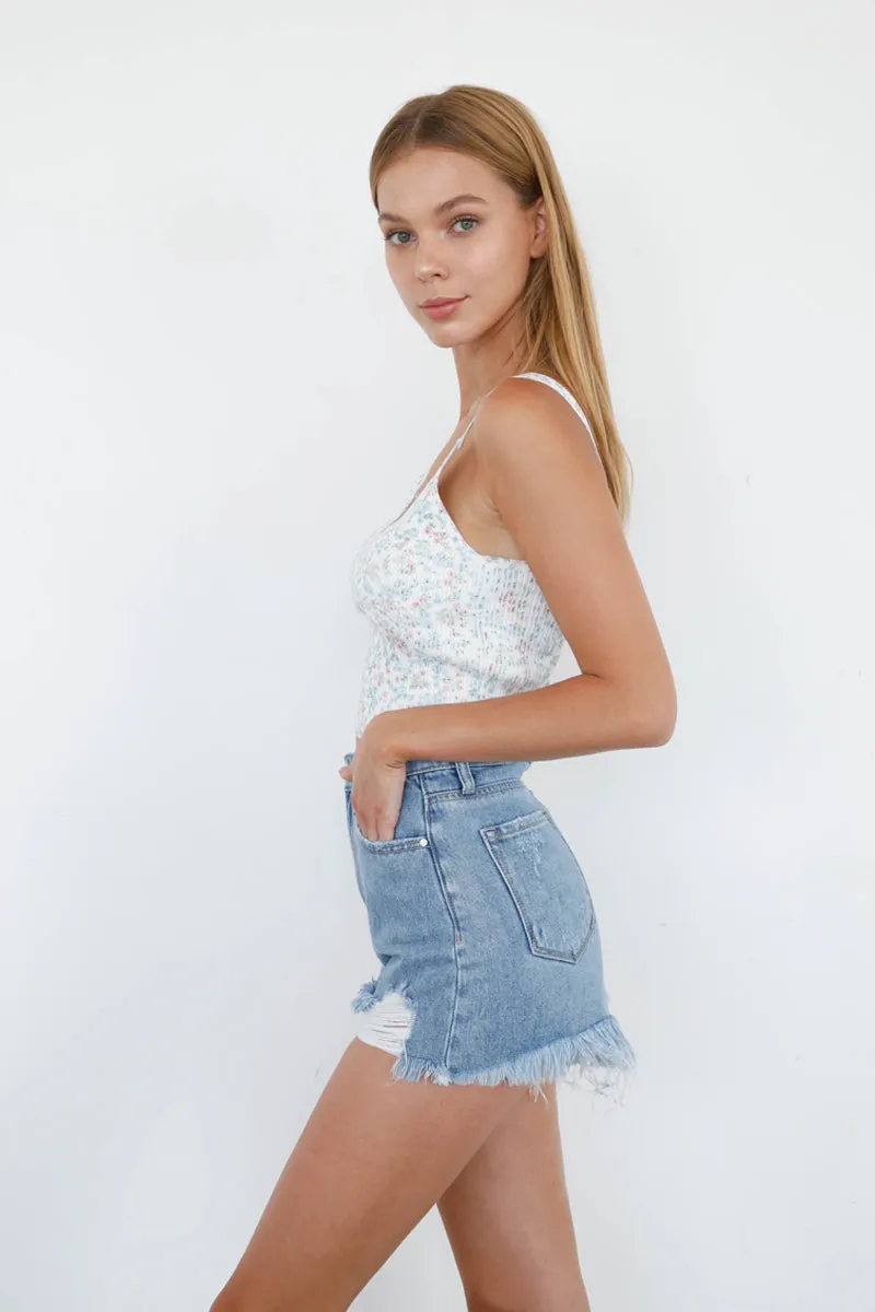 High Rise Frayed Hem Jean Shorts