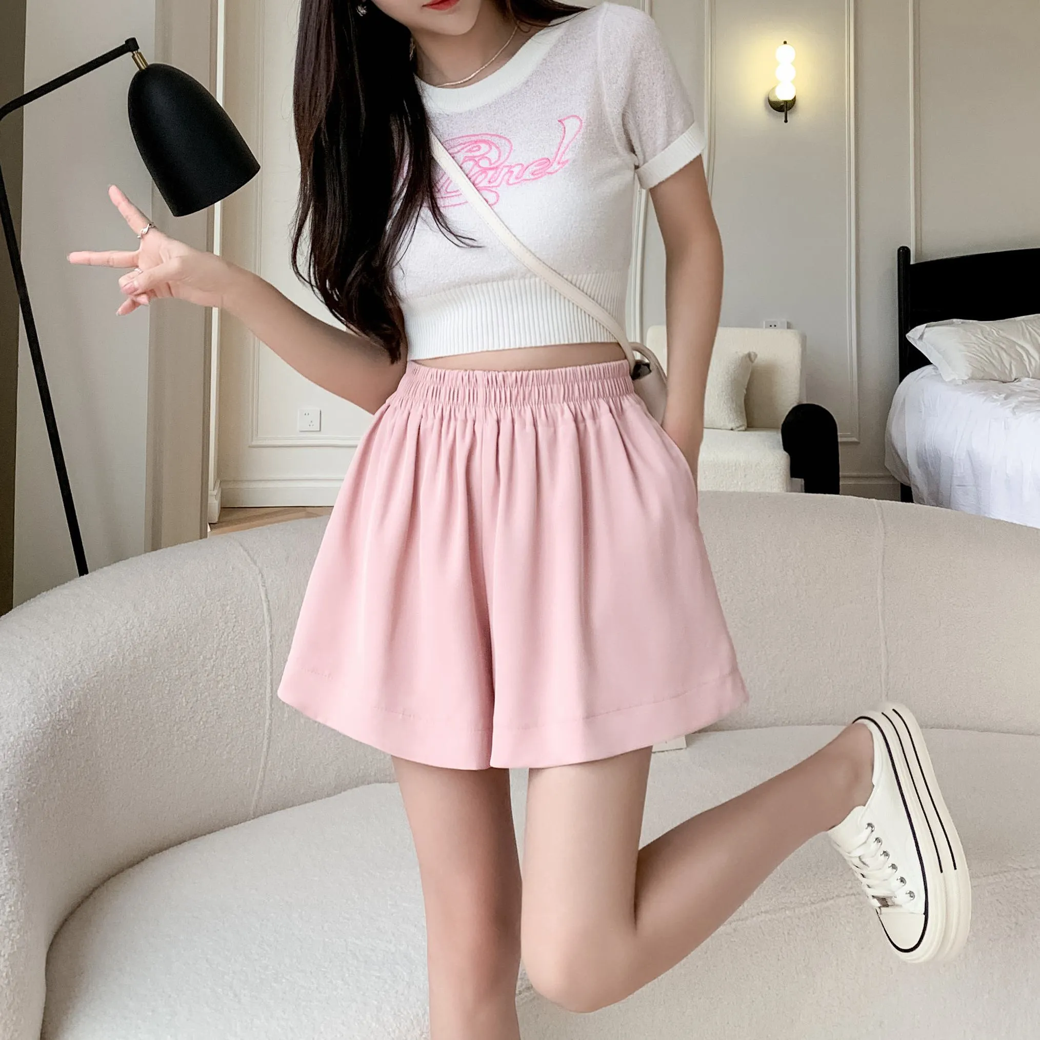 High-Waisted Draping Wide-Leg A-Line Loose-Fit Silky Shorts