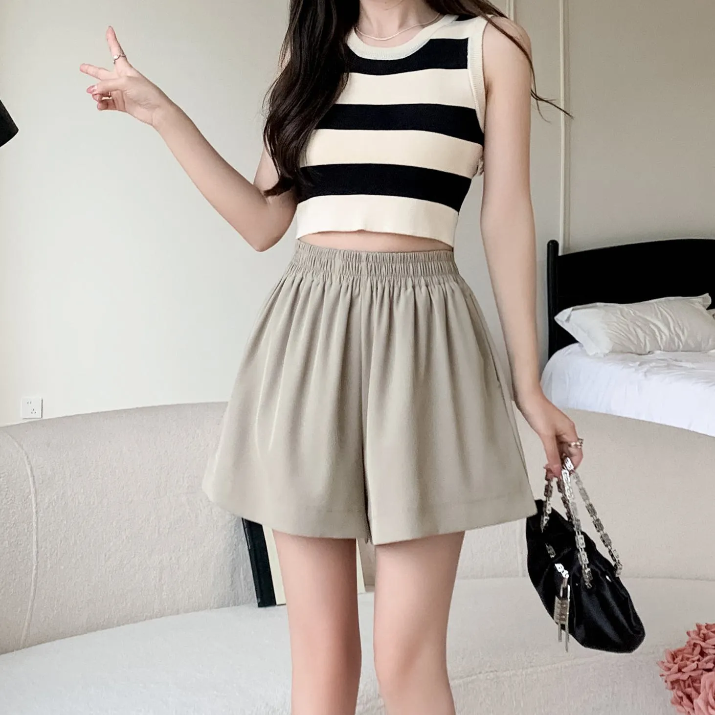 High-Waisted Draping Wide-Leg A-Line Loose-Fit Silky Shorts