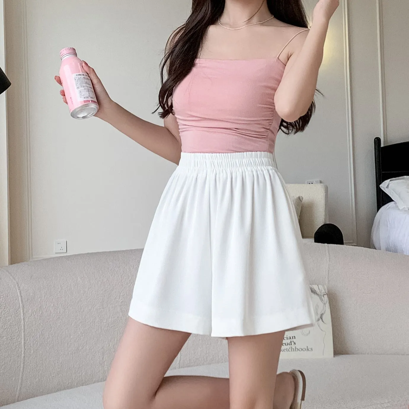 High-Waisted Draping Wide-Leg A-Line Loose-Fit Silky Shorts