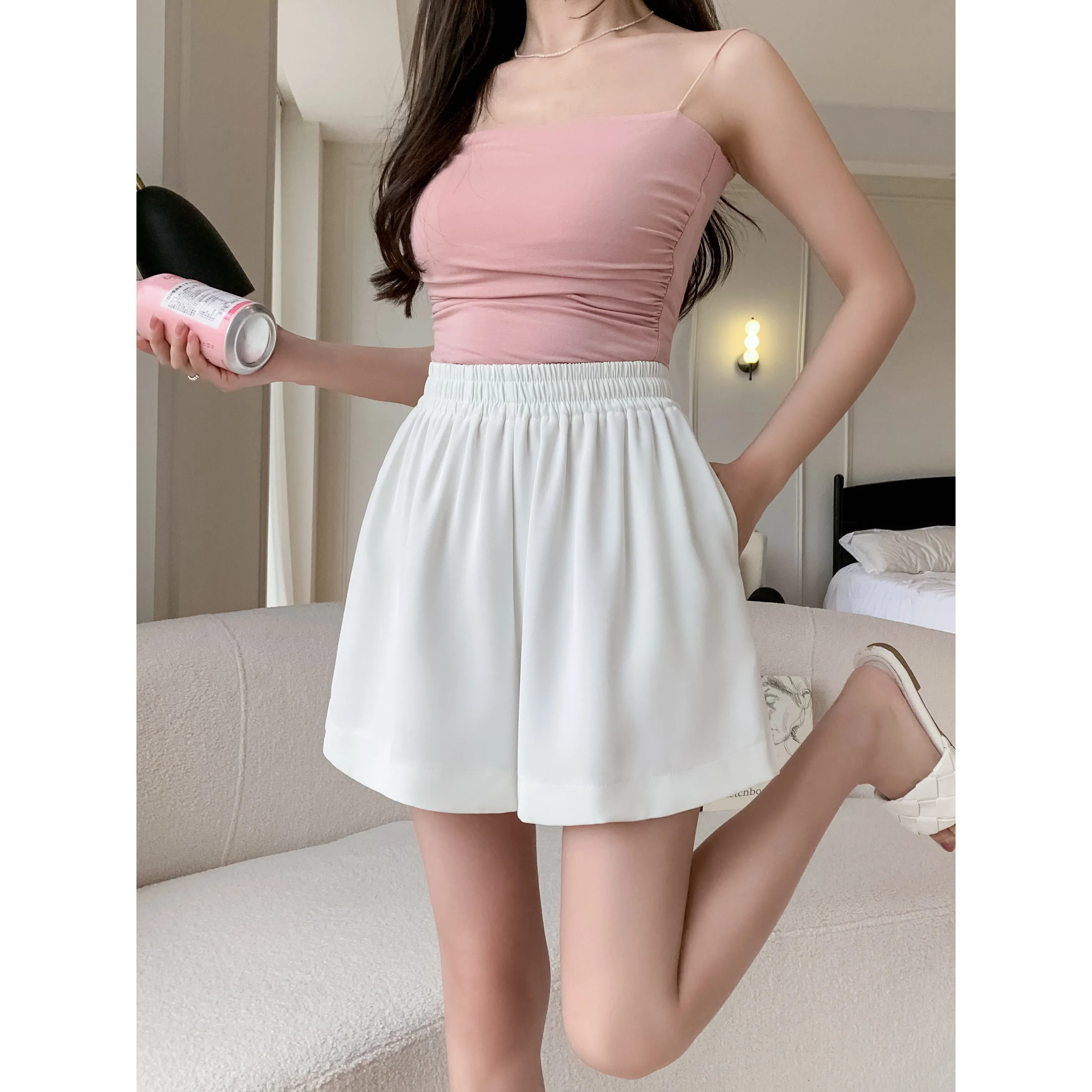 High-Waisted Draping Wide-Leg A-Line Loose-Fit Silky Shorts