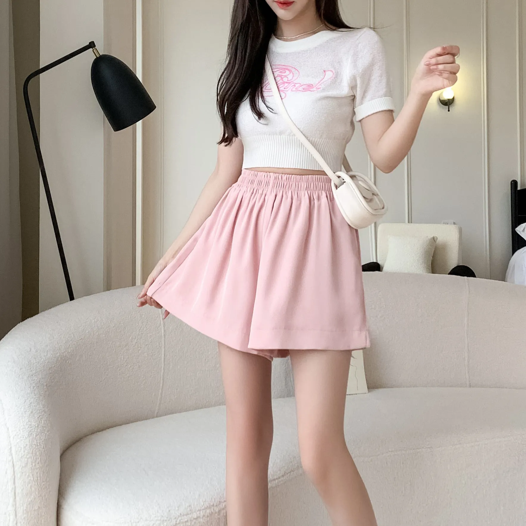 High-Waisted Draping Wide-Leg A-Line Loose-Fit Silky Shorts