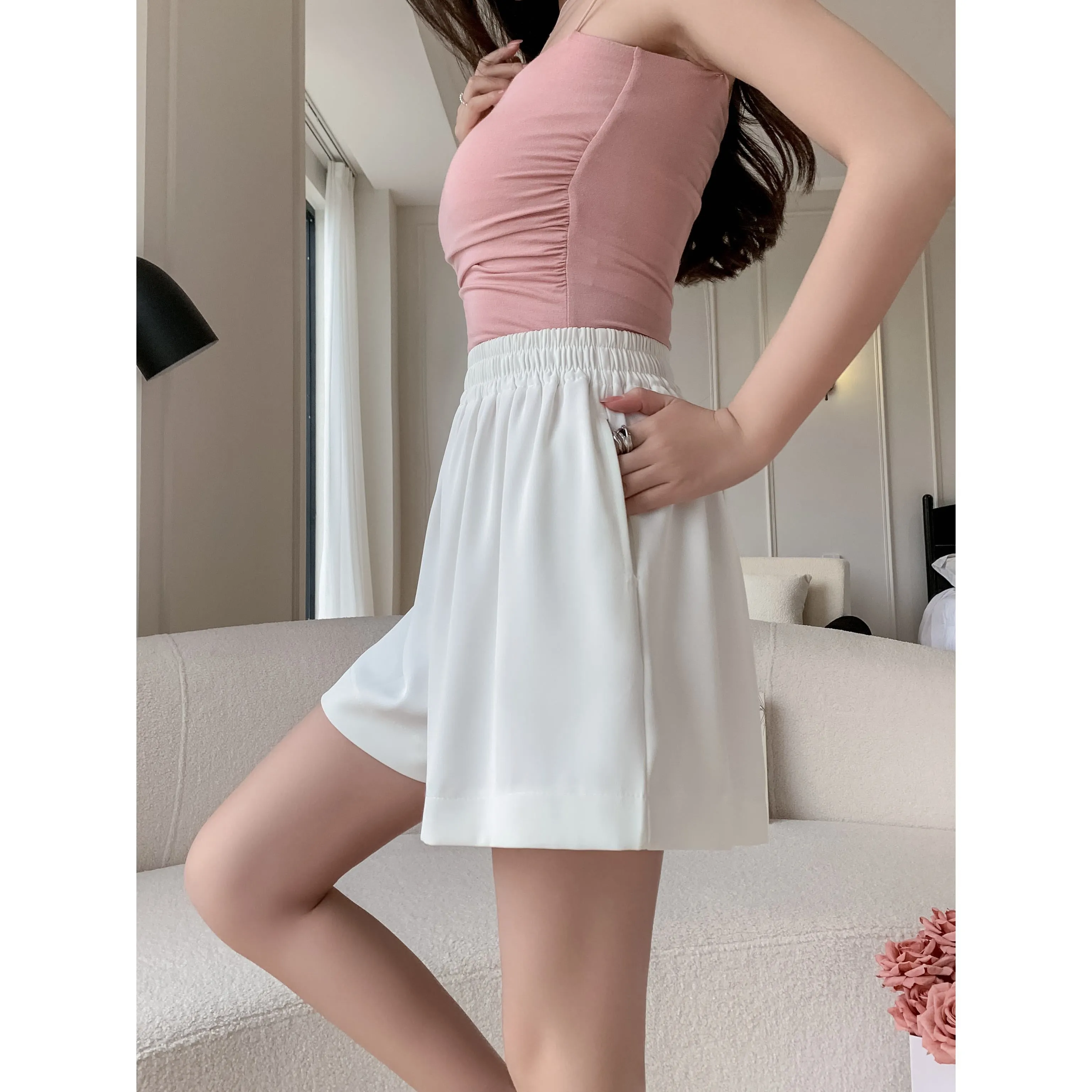 High-Waisted Draping Wide-Leg A-Line Loose-Fit Silky Shorts
