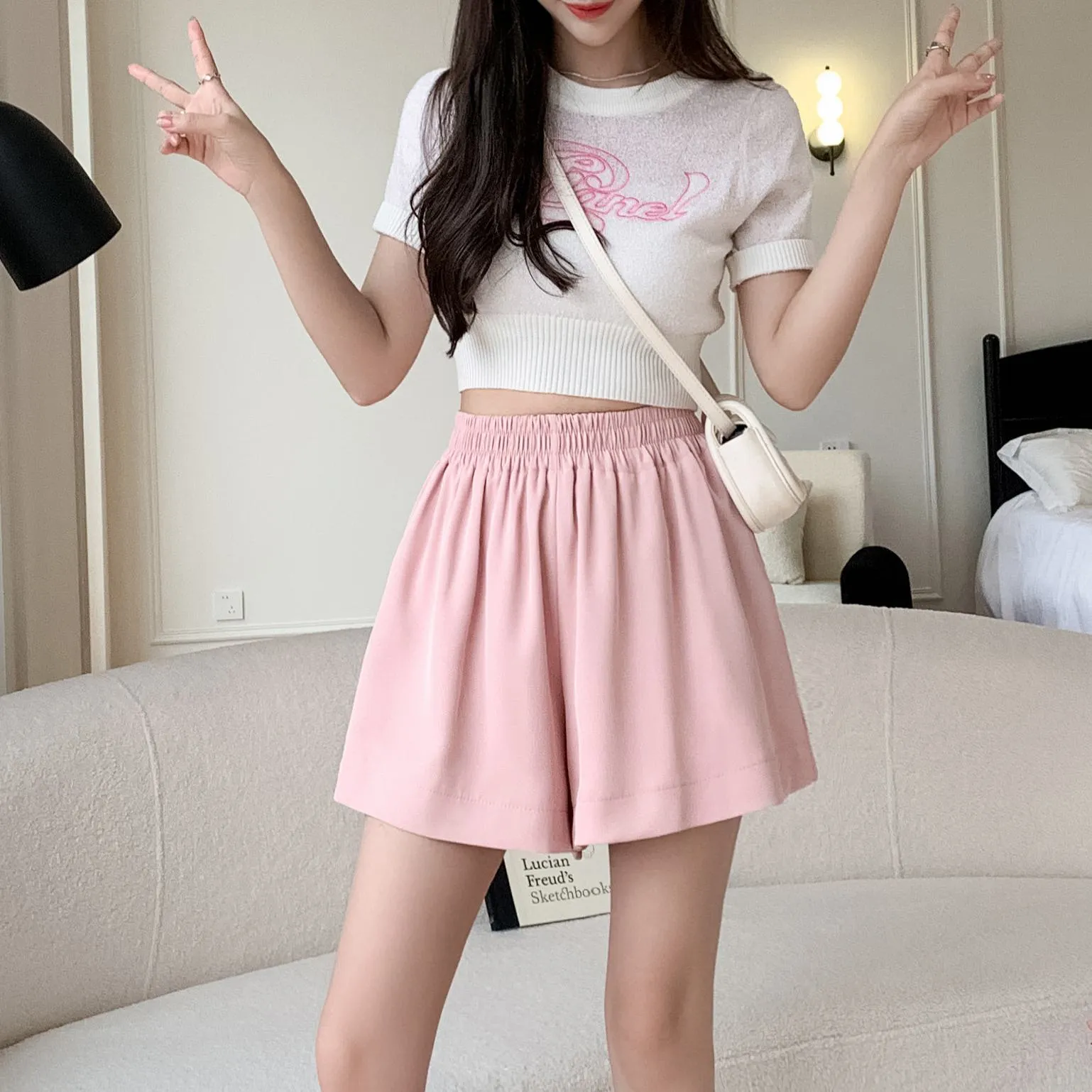 High-Waisted Draping Wide-Leg A-Line Loose-Fit Silky Shorts