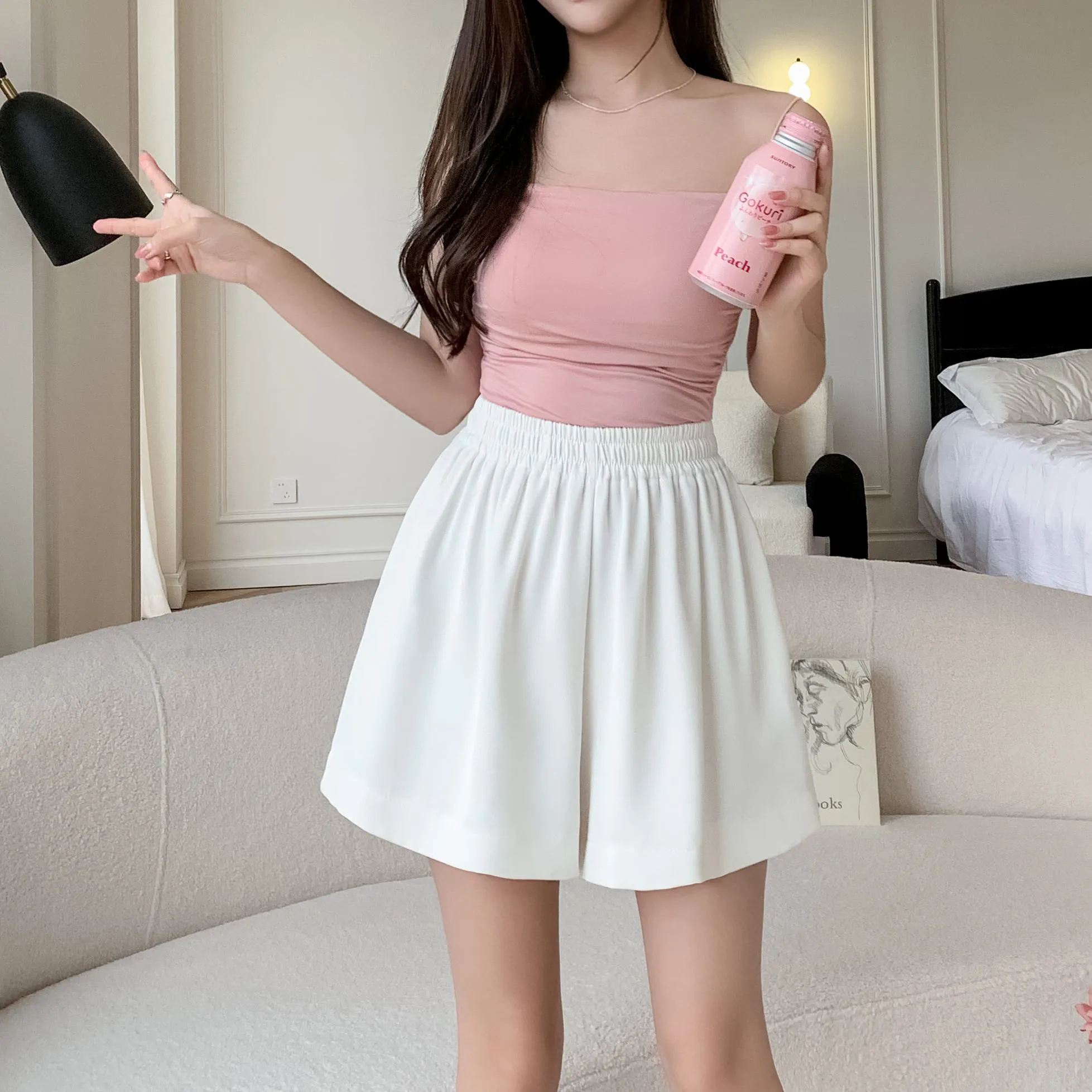 High-Waisted Draping Wide-Leg A-Line Loose-Fit Silky Shorts