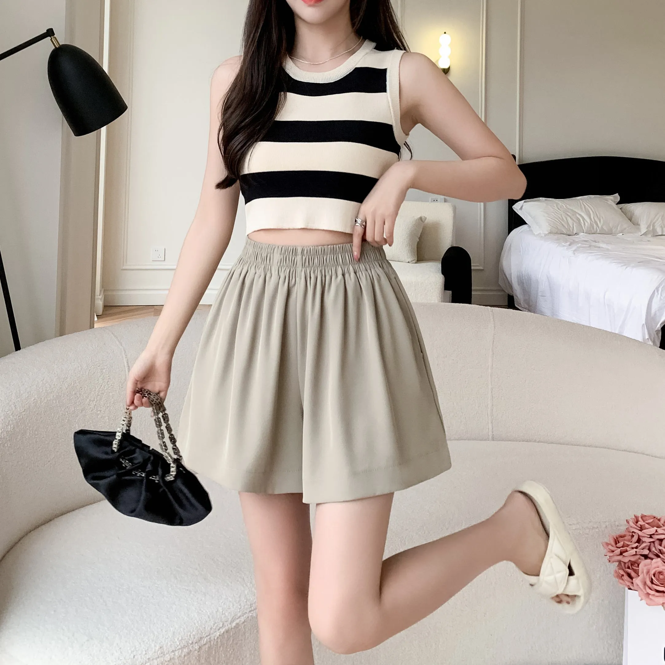 High-Waisted Draping Wide-Leg A-Line Loose-Fit Silky Shorts
