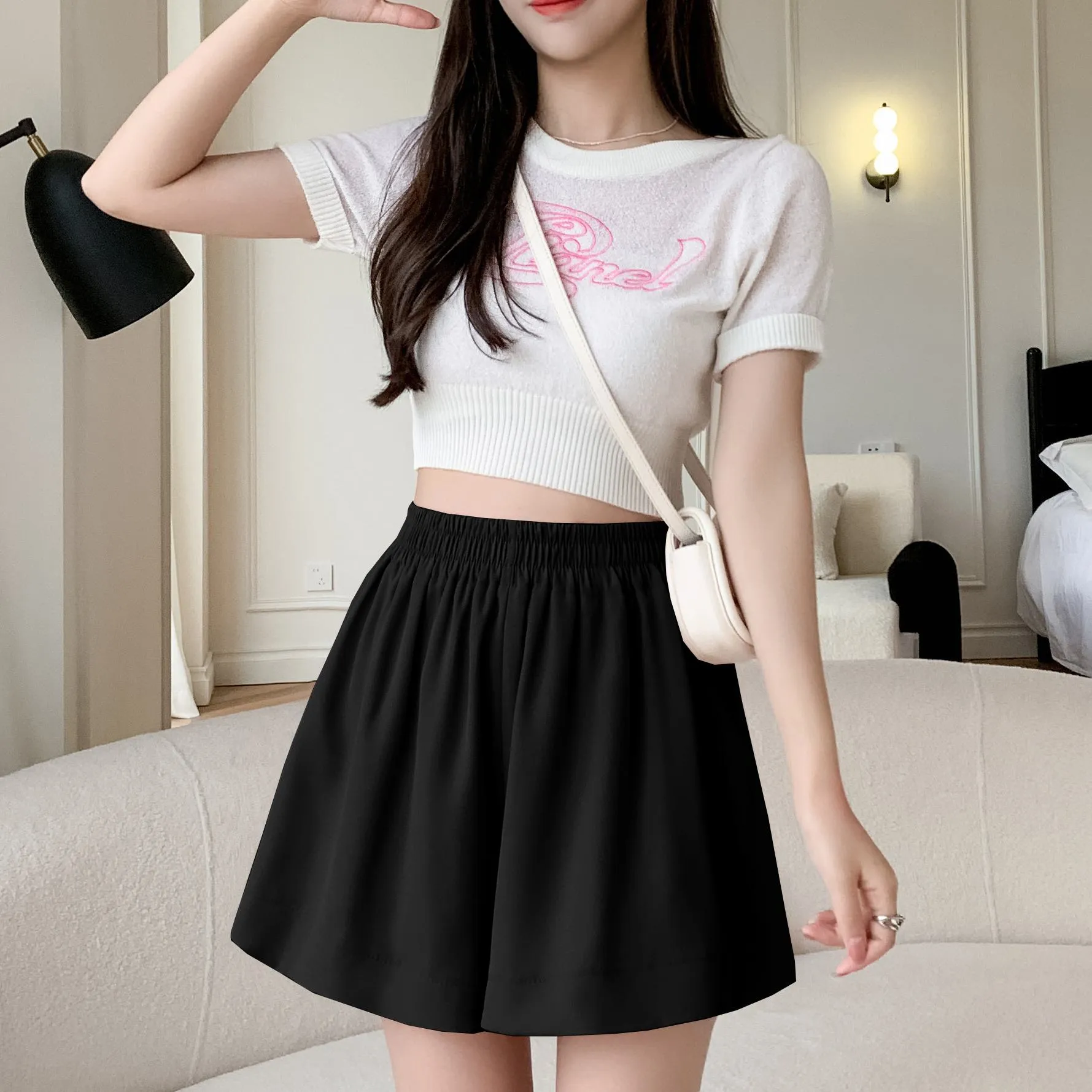 High-Waisted Draping Wide-Leg A-Line Loose-Fit Silky Shorts