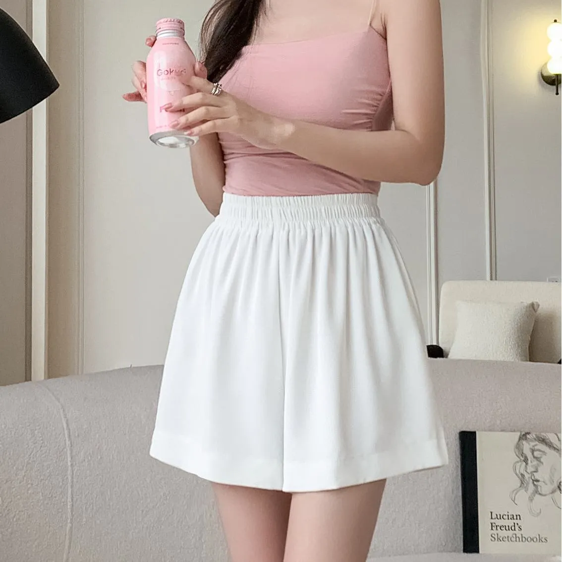 High-Waisted Draping Wide-Leg A-Line Loose-Fit Silky Shorts