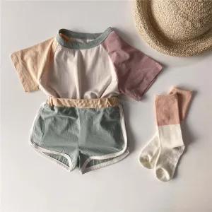Infant and young children's summer suits simple and casual color-blocking shoulder short-sleeved t-shirt   shorts cotton two-piece