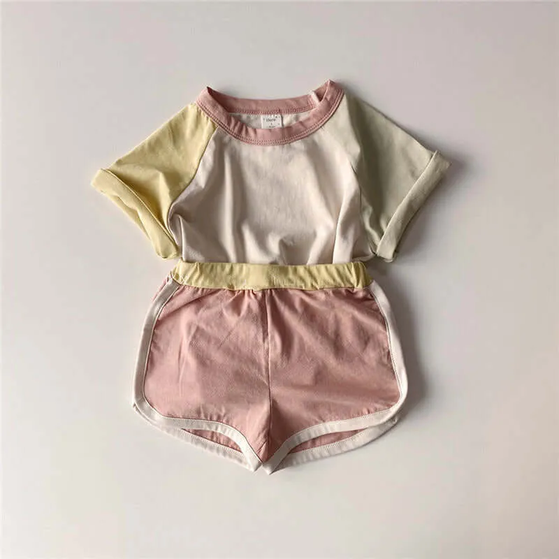 Infant and young children's summer suits simple and casual color-blocking shoulder short-sleeved t-shirt   shorts cotton two-piece