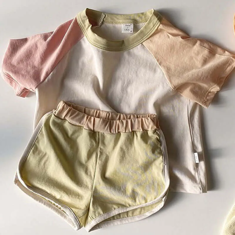 Infant and young children's summer suits simple and casual color-blocking shoulder short-sleeved t-shirt   shorts cotton two-piece