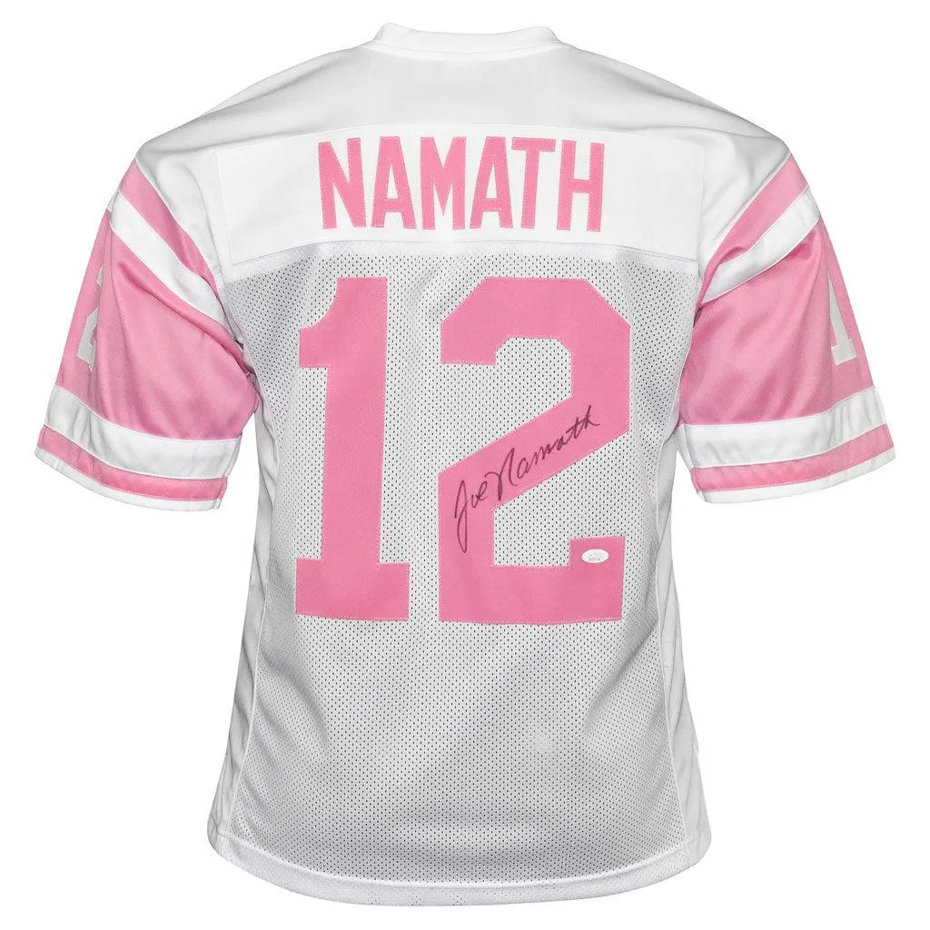 Joe Namath Signed Breast Cancer Awareness Jersey White and Pink Custom Jersey (JSA Witnessed)