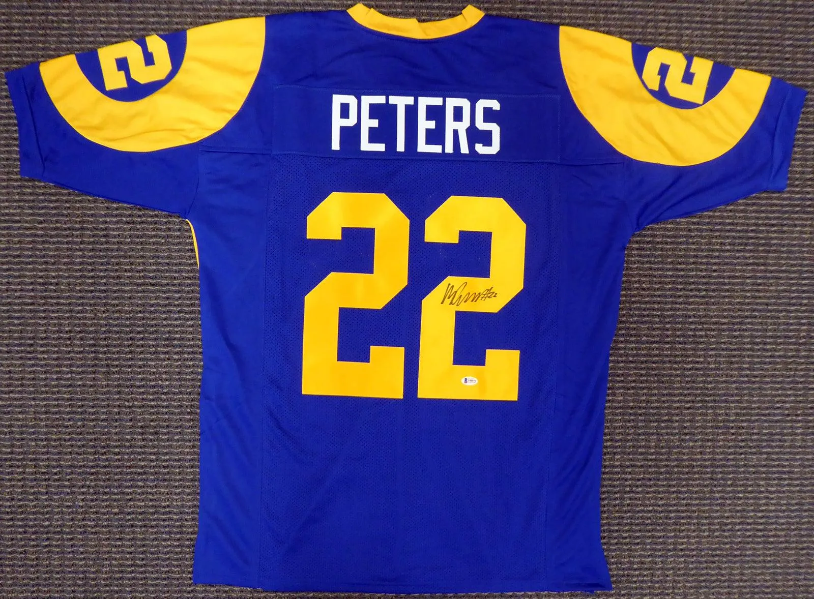 Los Angeles Rams Marcus Peters Autographed Blue Jersey Beckett BAS Stock #152073