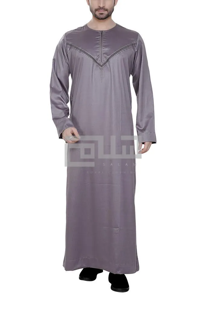 Men's Beige Shiny Omani Style with Neck Embroidery Emirati Thobe | Jubba | Kandura