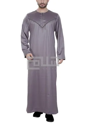Men's Beige Shiny Omani Style with Neck Embroidery Emirati Thobe | Jubba | Kandura