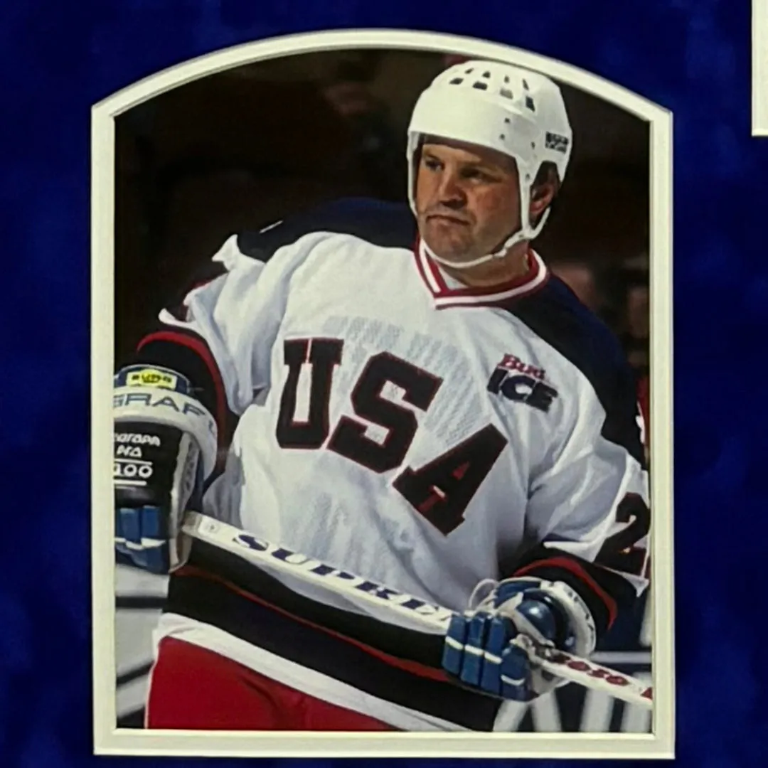 Mike Eruzione Signed USA Blue Custom Suede Matte Framed Jersey