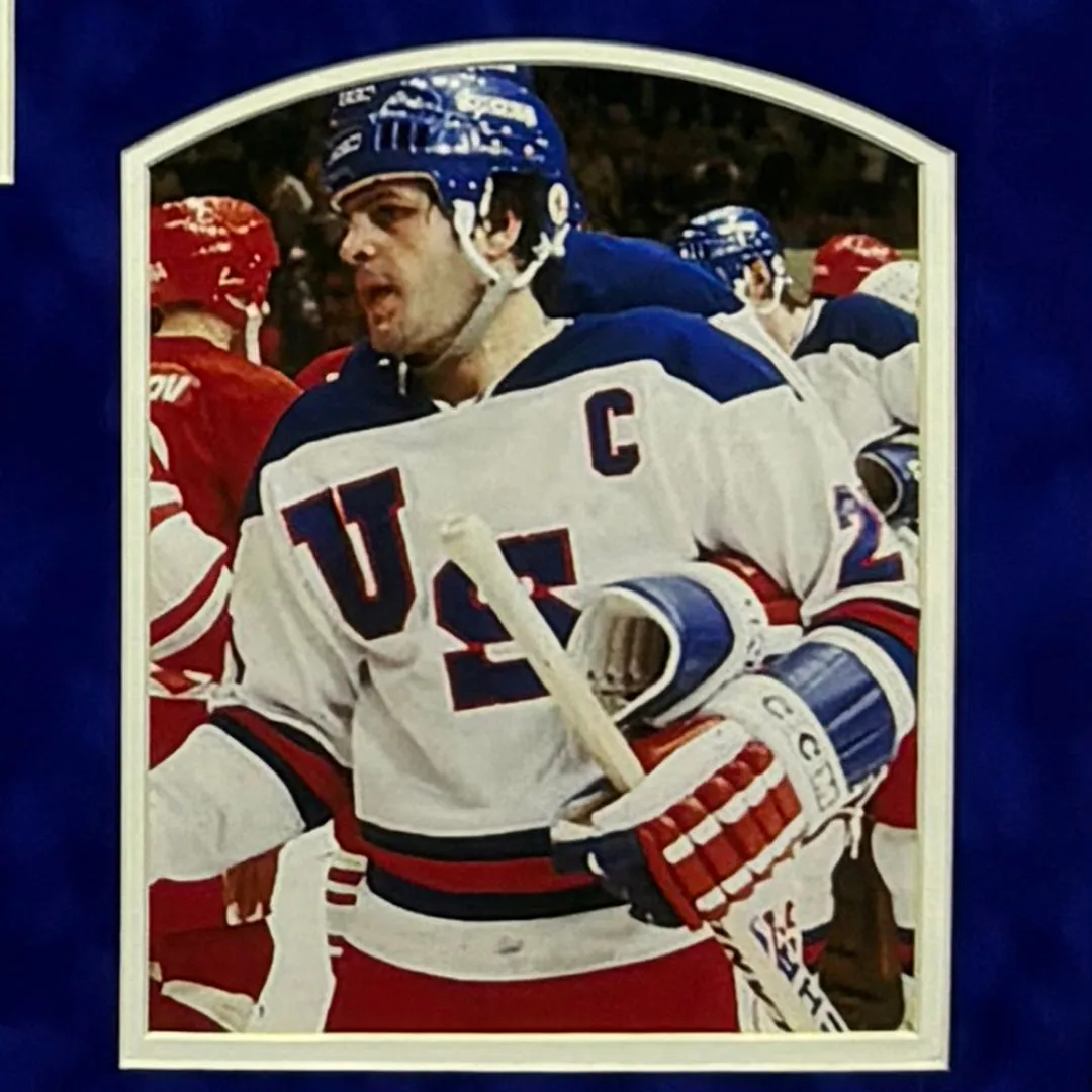 Mike Eruzione Signed USA Blue Custom Suede Matte Framed Jersey