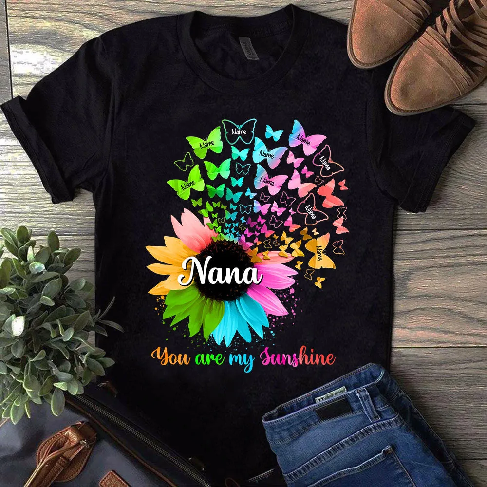 Personalized Grandkids Are My Sunshine Sunflower With Butterflies Shirt For Grandma