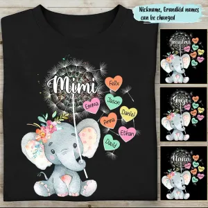 Personalized Grandma Elephant Dandelion with Grandkids Heart T Shirt