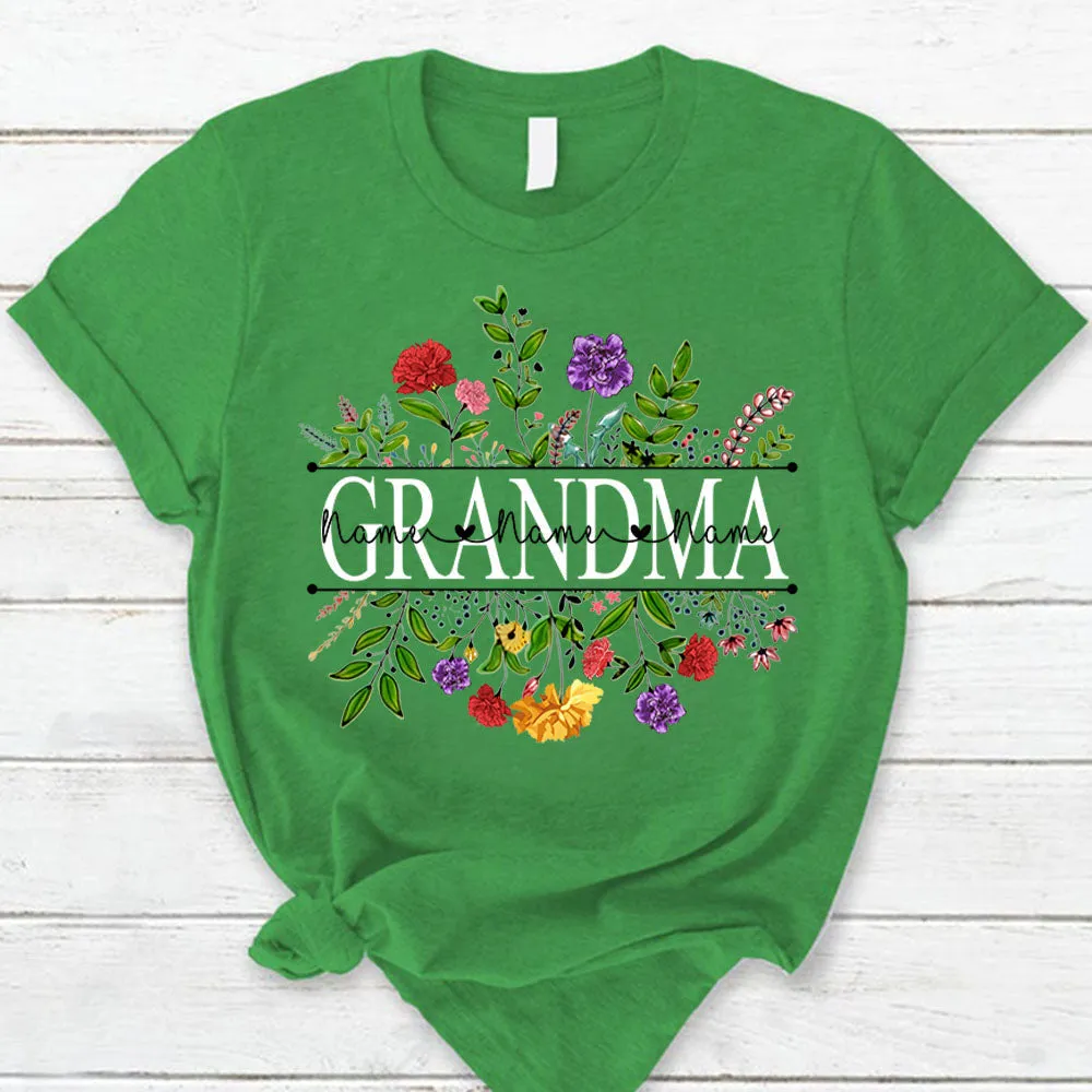 Personalized Grandma With Grandkid's Names Carnation Frame Shirt For Grandma