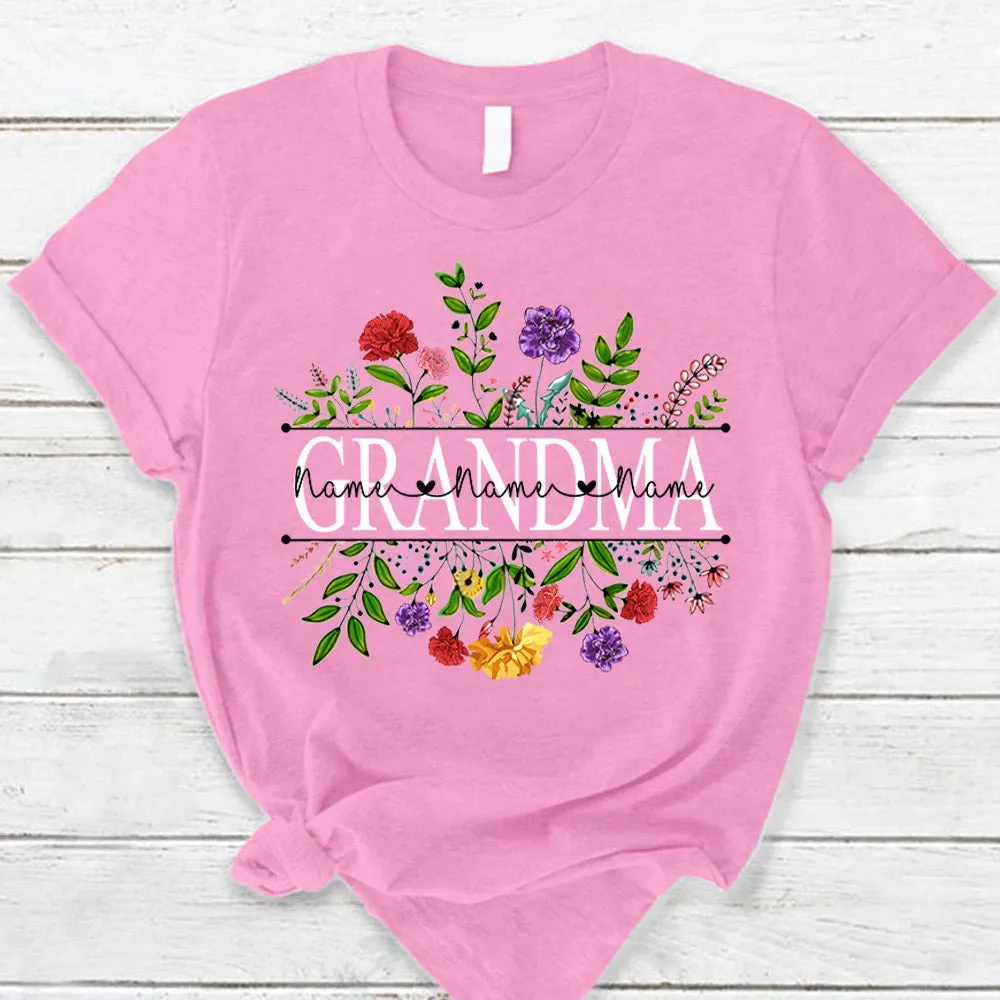 Personalized Grandma With Grandkid's Names Carnation Frame Shirt For Grandma