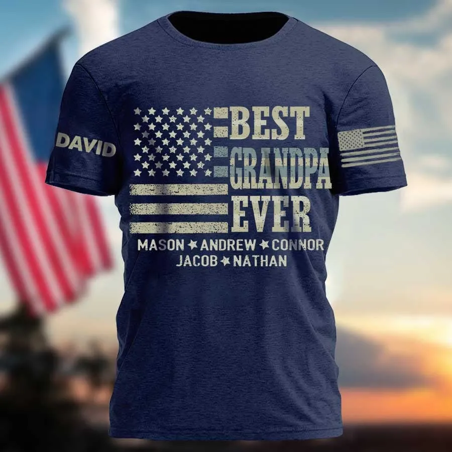 Personalized Vintage American Flag Best Grandpa Ever T Shirt, Custom Name Papa On Sleeves