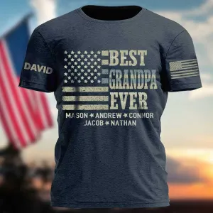 Personalized Vintage American Flag Best Grandpa Ever T Shirt, Custom Name Papa On Sleeves