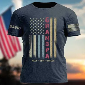 Personalized Vintage Grandpa with Grandkids American Flag, 4th of July Papa T Shirt, Custom Name On Sleeves