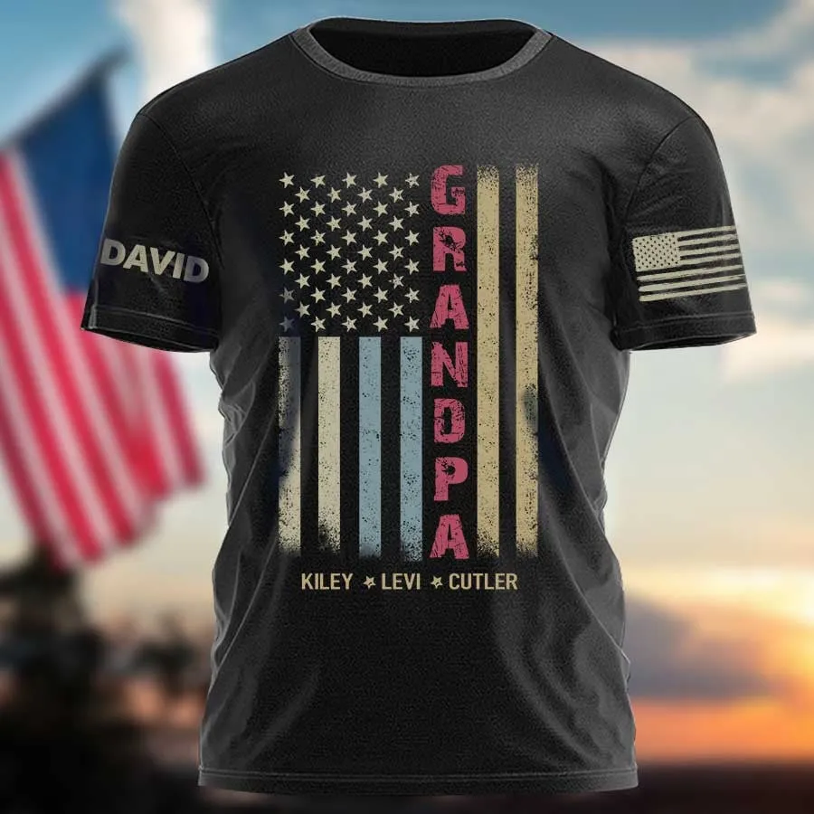 Personalized Vintage Grandpa with Grandkids American Flag, 4th of July Papa T Shirt, Custom Name On Sleeves
