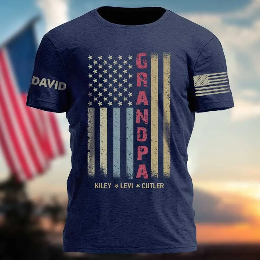 Personalized Vintage Grandpa with Grandkids American Flag, 4th of July Papa T Shirt, Custom Name On Sleeves