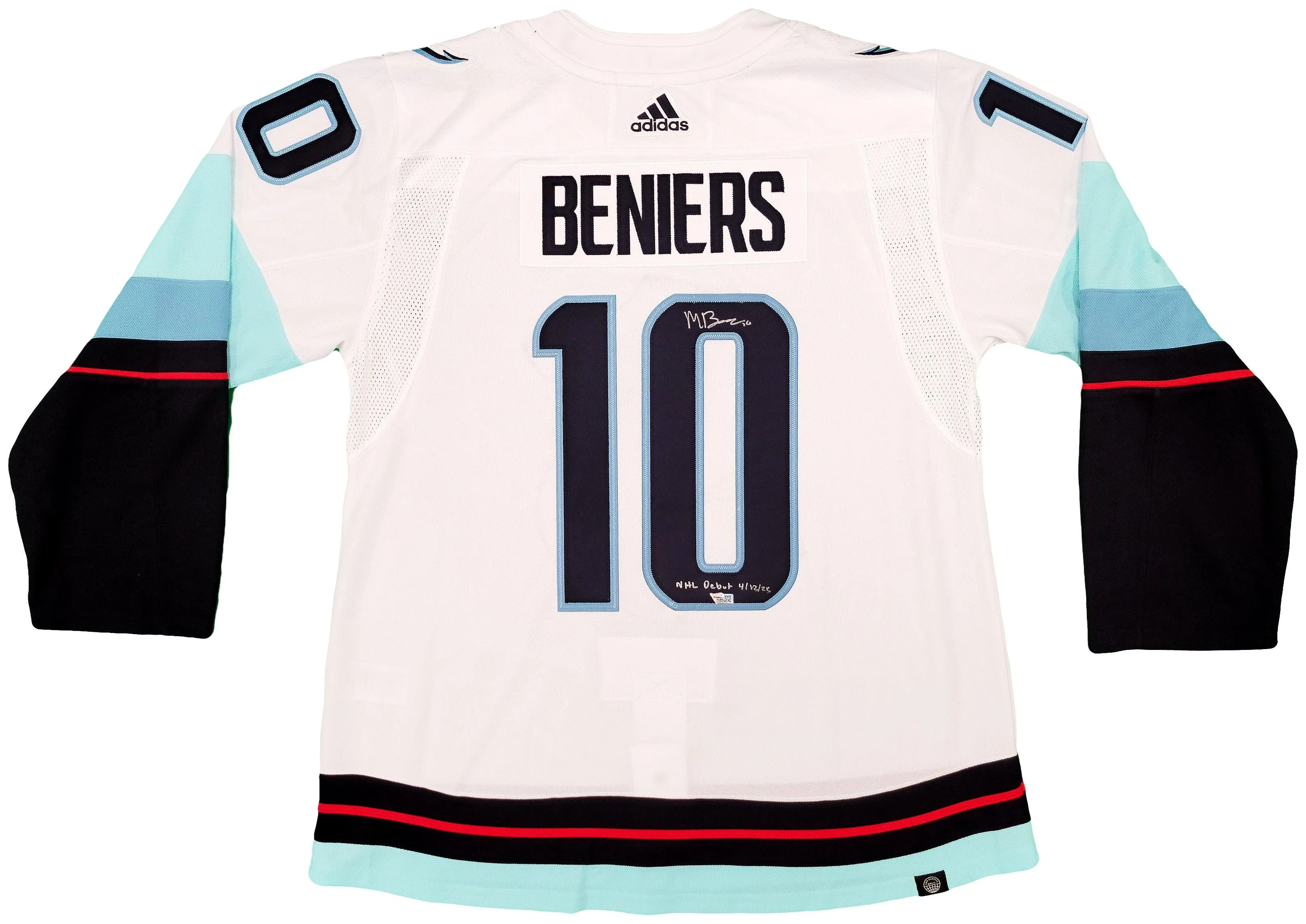 Seattle Kraken Matty Beniers Autographed White Adidas Authentic Jersey Size 54 With Inaugural Patch "NHL Debut" Fanatics Holo Stock #206011