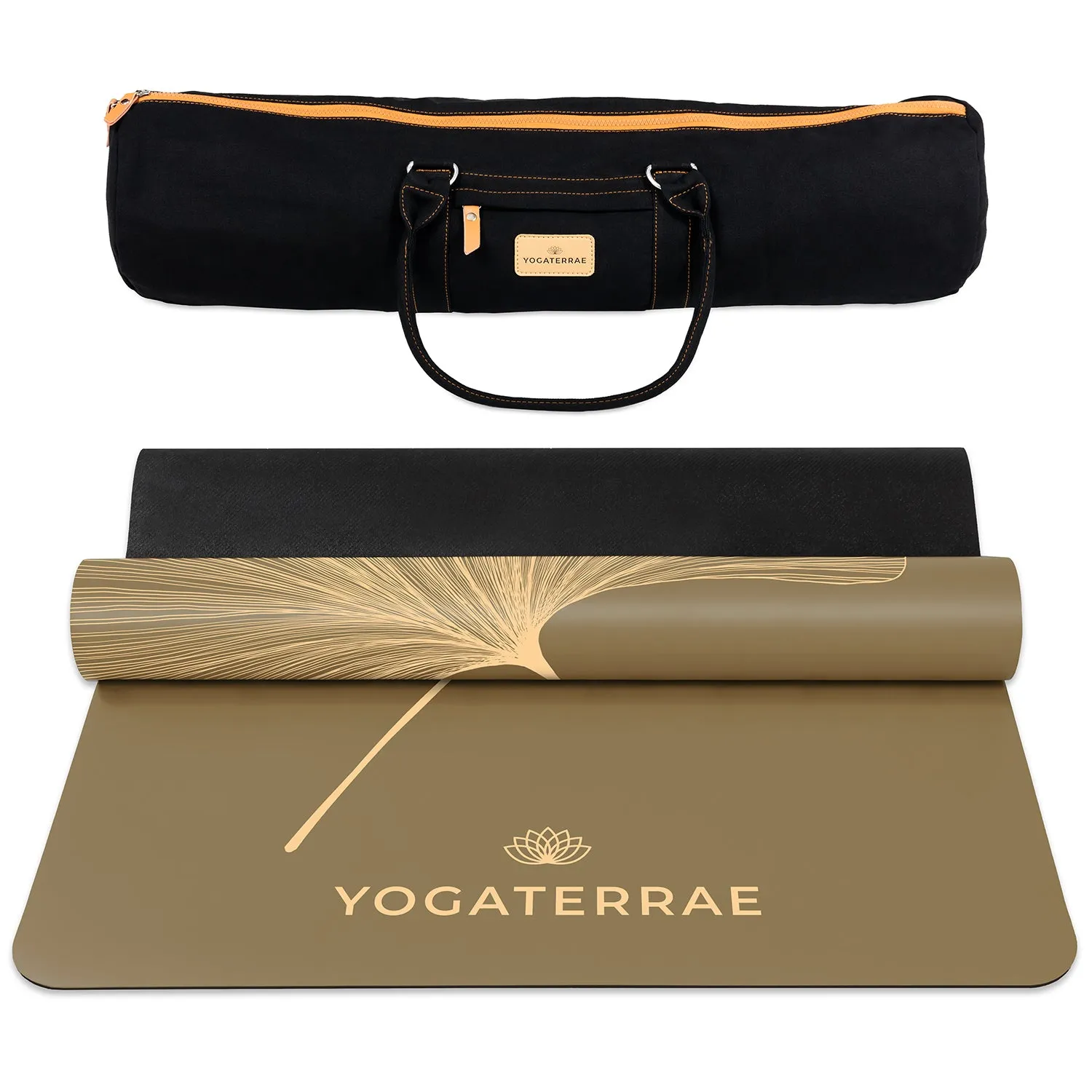 TAPIS DE YOGA GINKGOS LIGHT BRONZE OLIVE EN PU-CAOUTCHOUC NATUREL AVEC SAC
